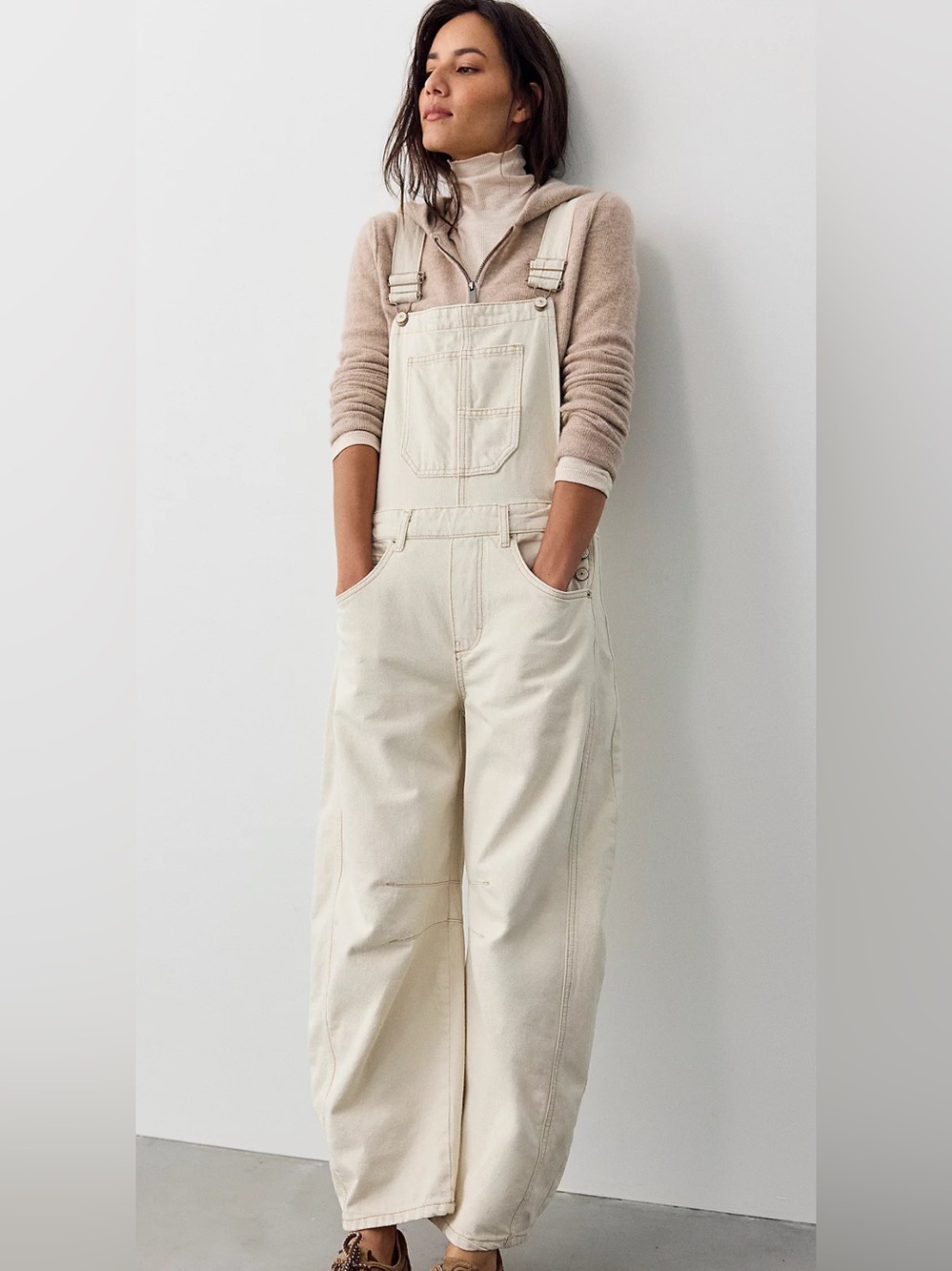 Free People Cream Cotton Overalls Jumpsuit
